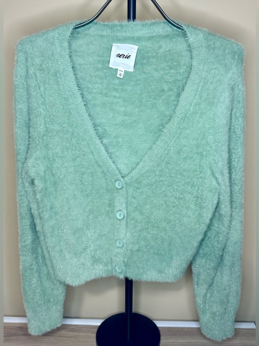 Aerie Mint Green Fuzzy Cropped Button Cardigan Sweater M